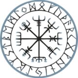 Símbolo vikingo vegvísir con runas bordeando.