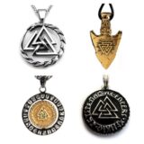 Colgantes de metal, plata y oro con el símbolo vikingo valknut.