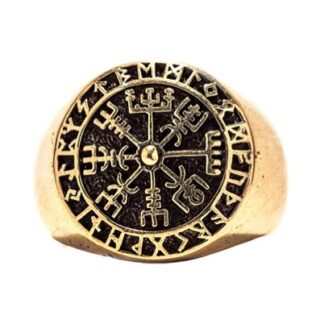 Anillo dorado con vegvísir vikingo.