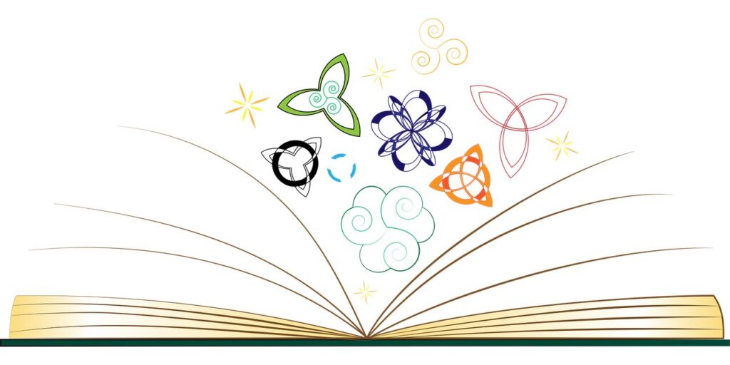 Libro abierto con símbolos nórdicos y celtas.