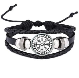 Pulsera de cuero con símbolo vikingo vegvísir.