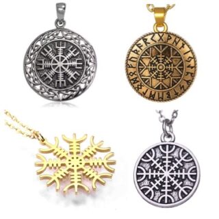 Colgante vikingo de acero, plata y oro con el símbolo aegishjalmur.