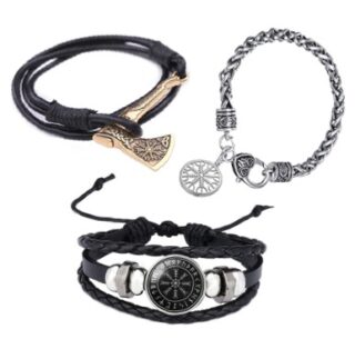 Pulseras vikinga Aegishjalmur de cuero, metal y plata.