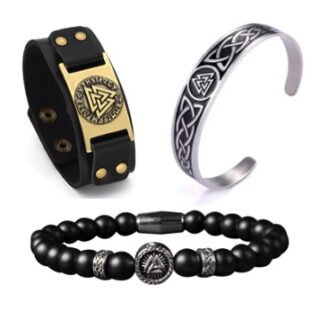 Pulsera de cuero, de metal y de plástico con símbolo vikingo valknut.